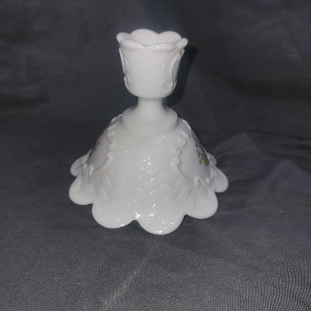 Milk Glass Finger Ring Candle Holder Hand Painted Violets Signed by Vicki F